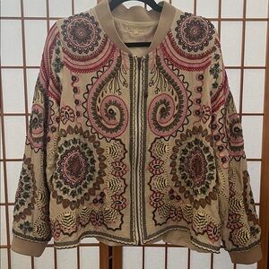 Rubyyaya Cream Bomber Jacket with Pink & Olive Embroidery